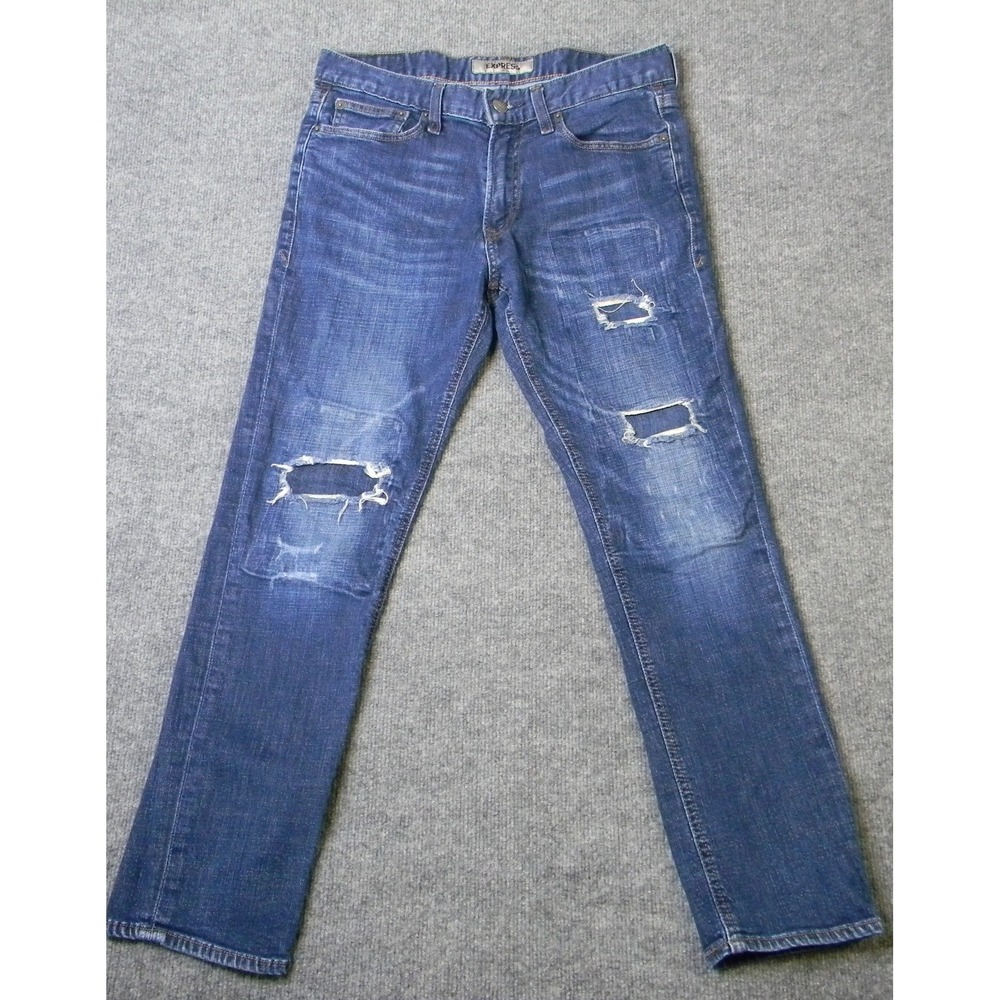 Express Mens Slim Jeans 32x30 Distressed Ripped Medium Wash Blue Denim
